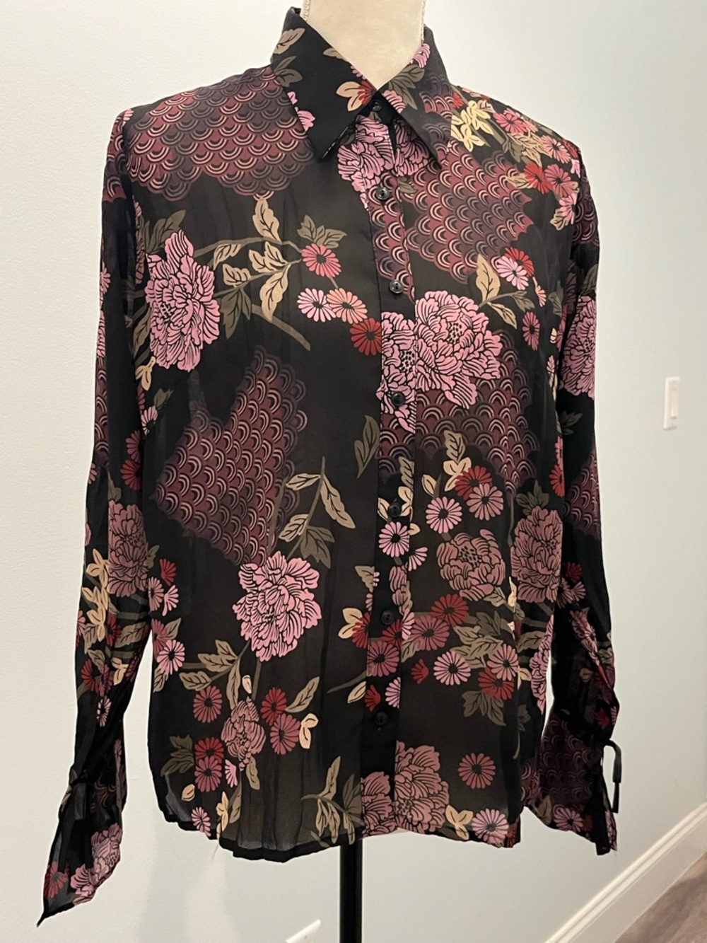 Apostrophe Black Sheer Floral Button-Up Blouse with Pink & Tan Blooms